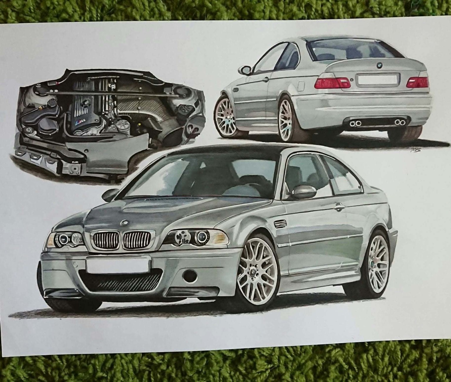 Silver BMW M3 with front, rear and engine studies