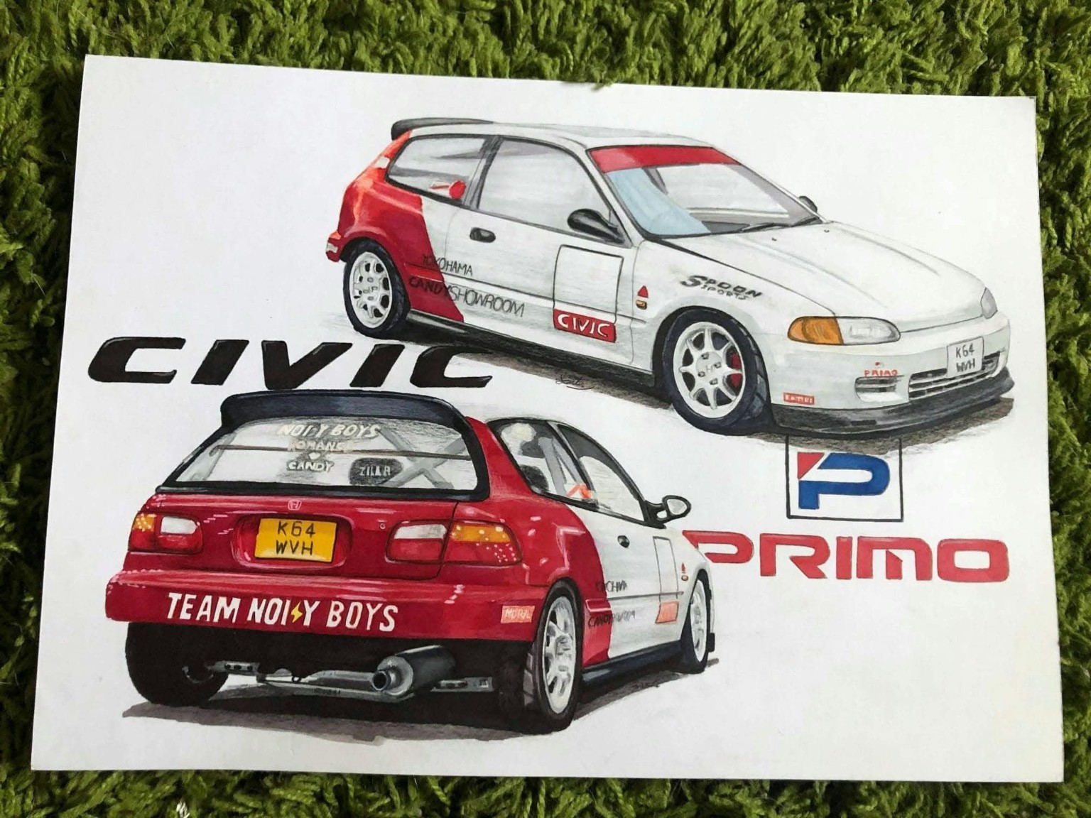 Red and white Honda Civic, front and rear studies