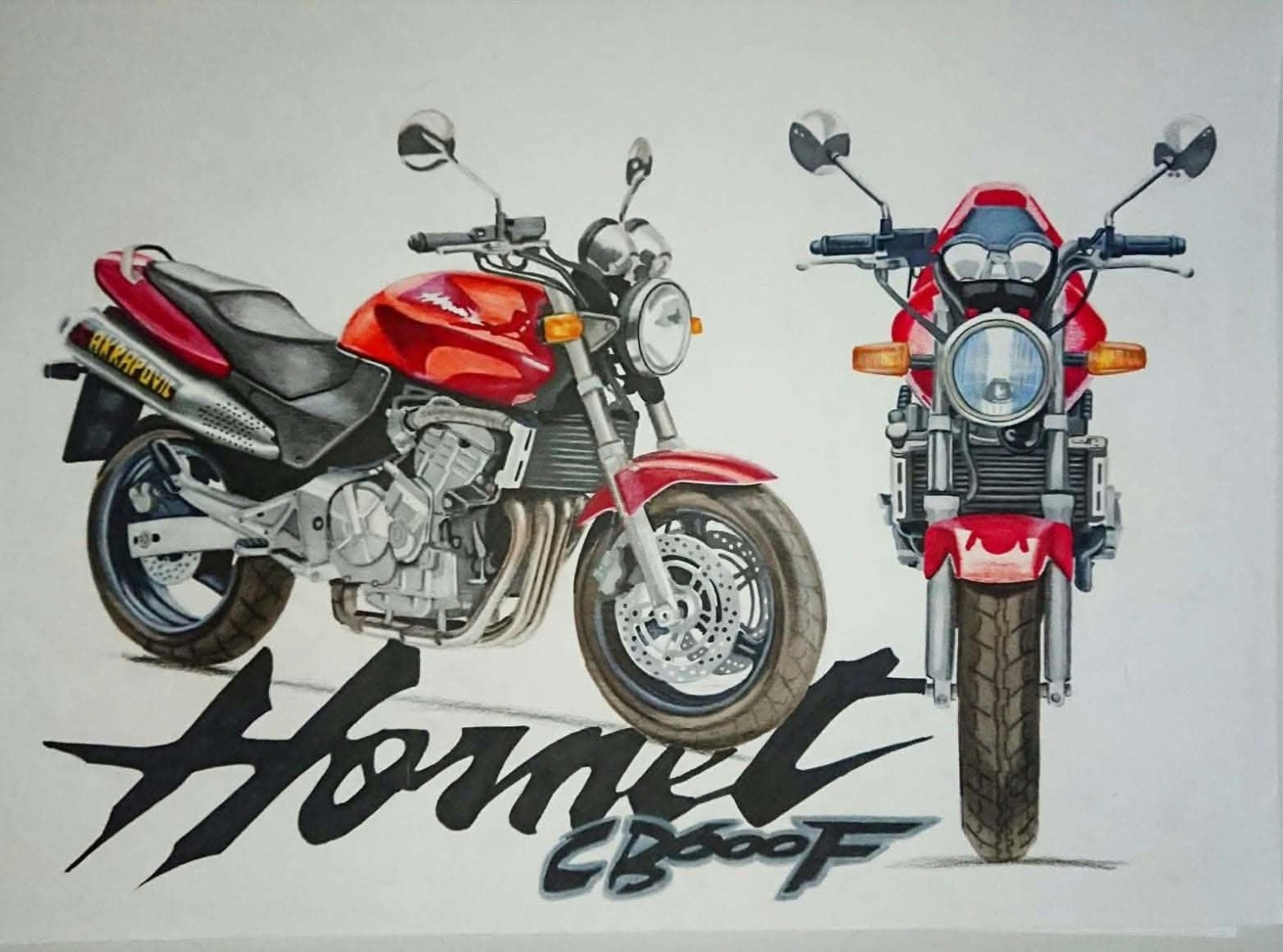 Red Honda Hornet motorcycle, side and front studies