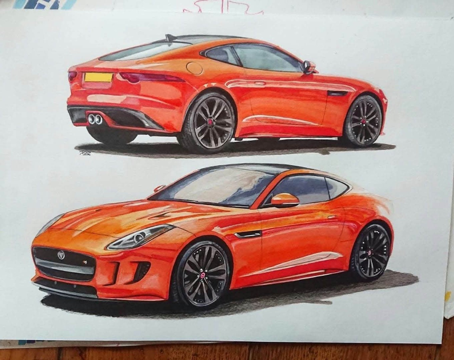 Orange Jaguar F-Type, front and rear studies