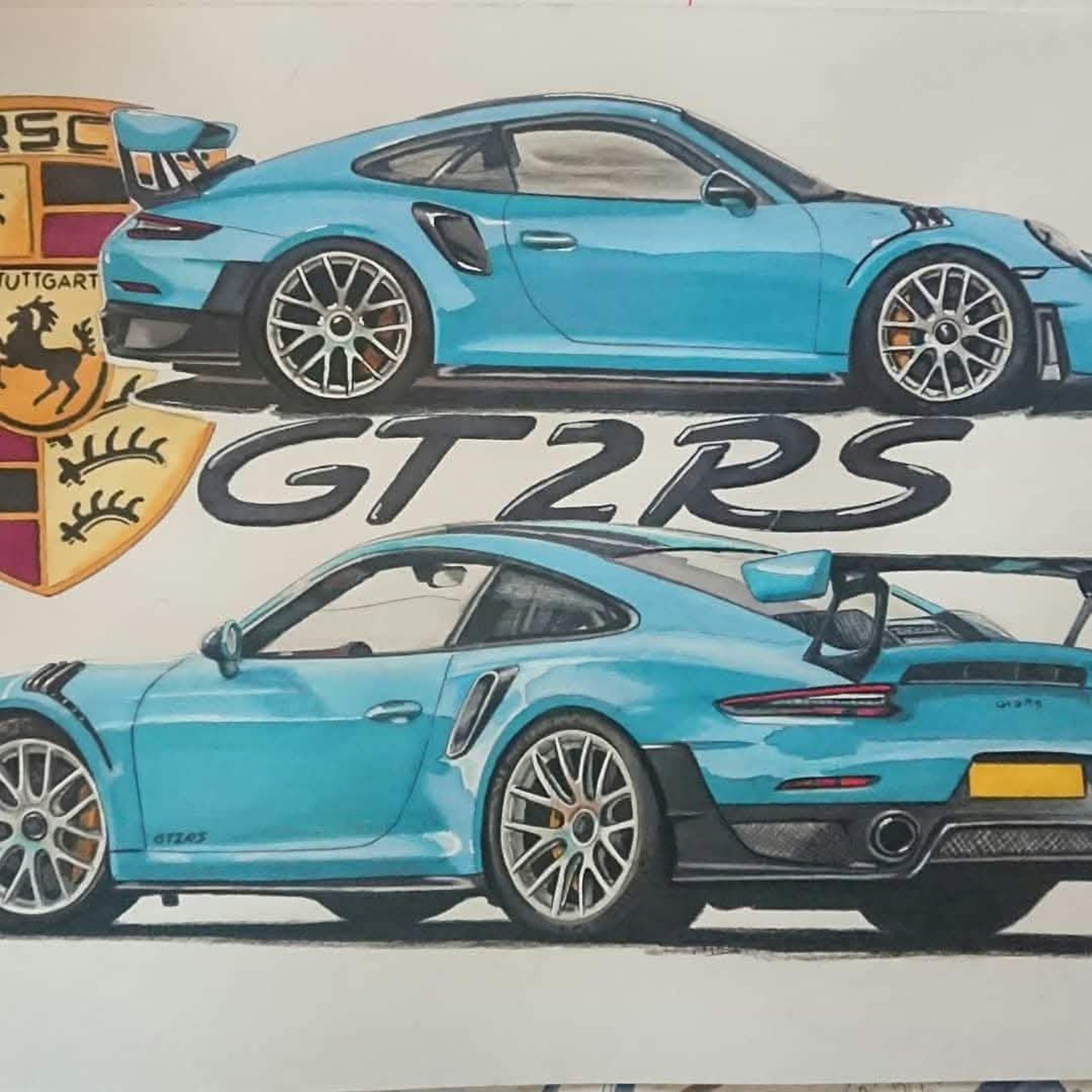 Blue Porsche GT2 RS, side and rear studies